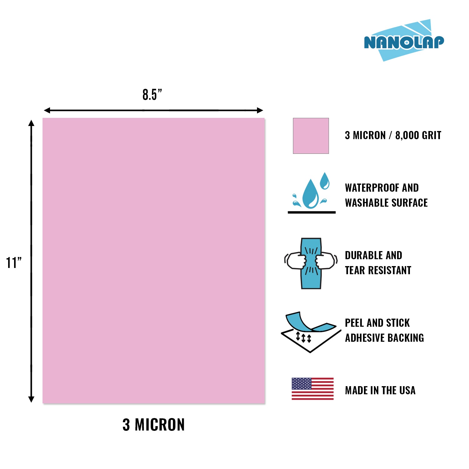 NANOLAP PSA Lapping Film 3 Micron (8,000 Grit) Adhesive Polishing Paper (5-Piece)