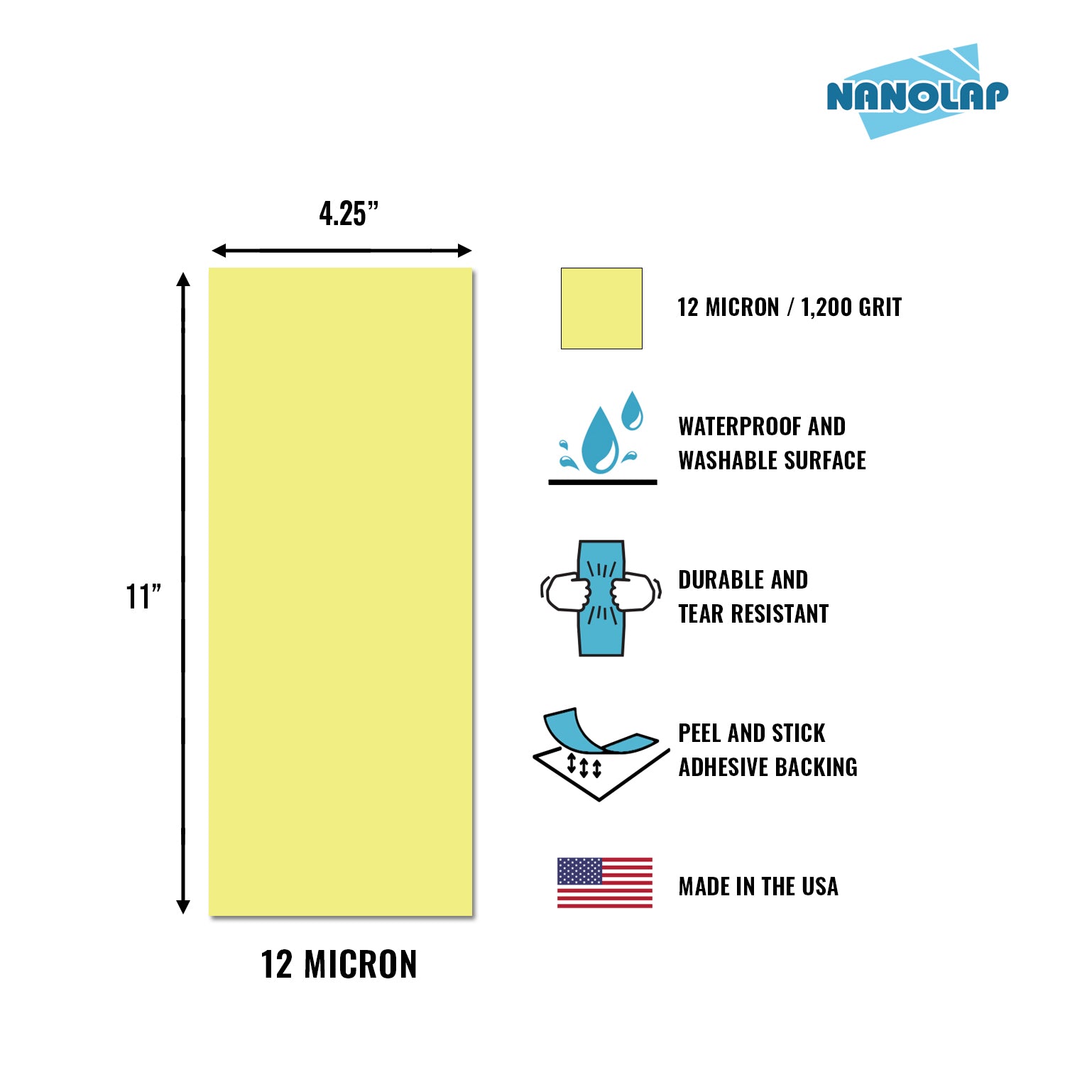 NANOLAP PSA Lapping Film 12 Micron (1,200 Grit) Adhesive Polishing Paper (2-Piece)