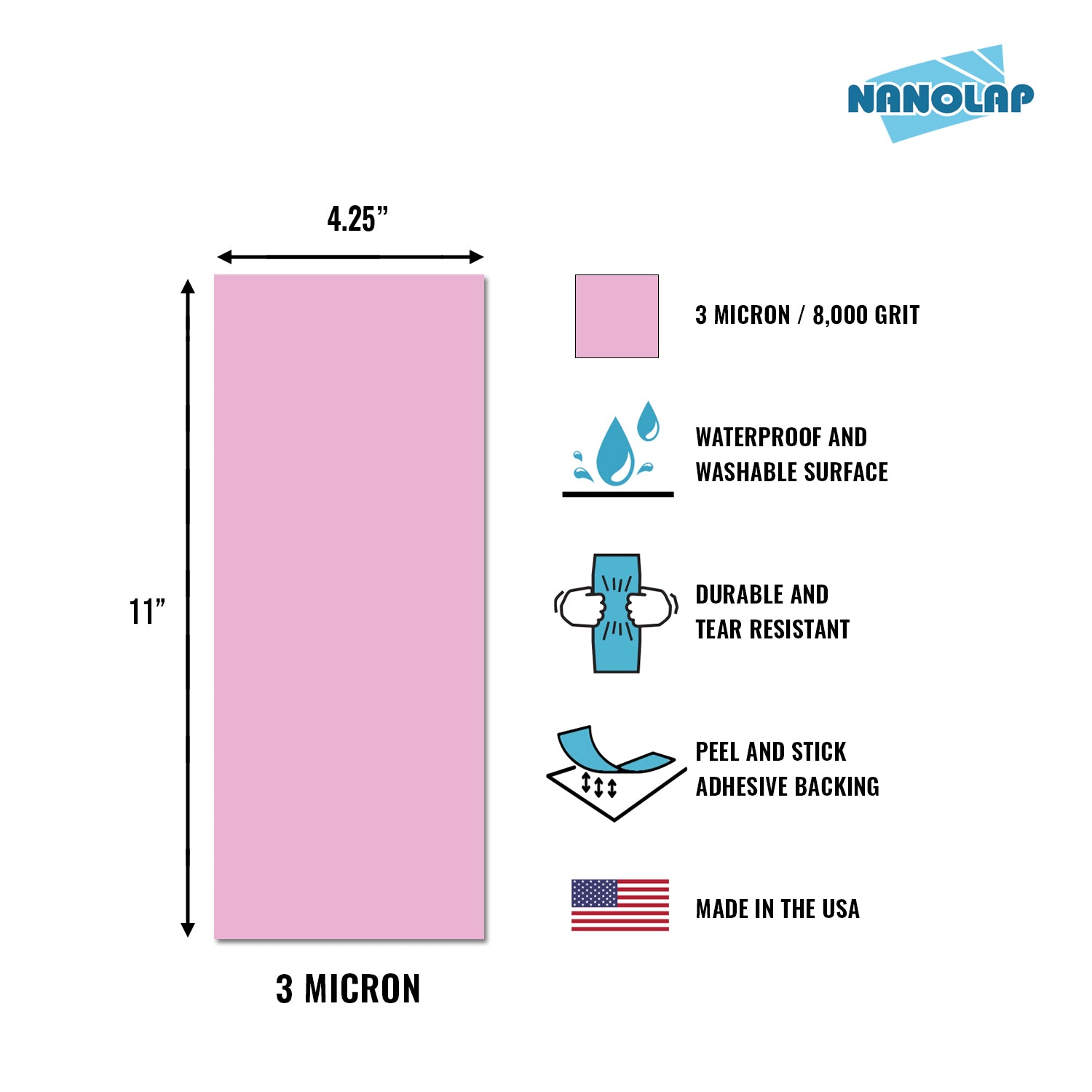 NANOLAP PSA Lapping Film 3 Micron (8,000 Grit) Adhesive Polishing Paper (3-Piece)