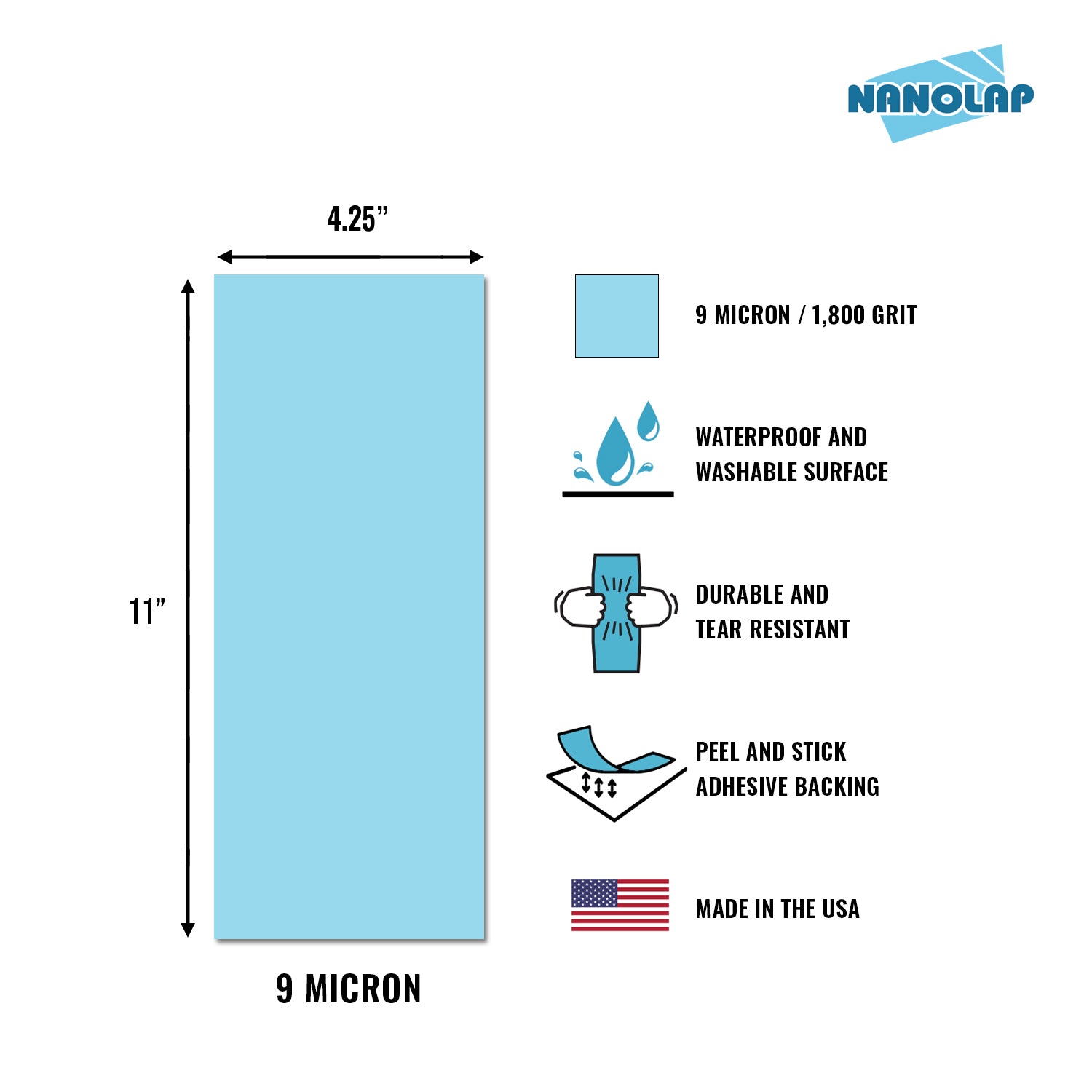 NANOLAP PSA Lapping Film 9 Micron (1,800 Grit) Adhesive Polishing Paper (1-Piece)