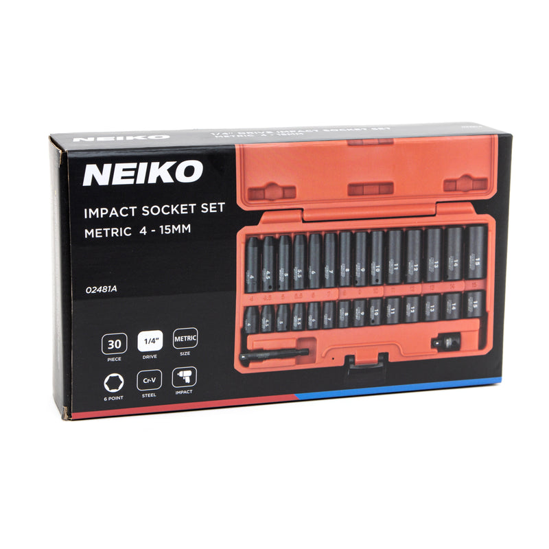 NEIKO 02481A 1/4" Drive Impact Socket Set, 30 Piece, Metric Sizes 4 – 15 MM, Deep and Shallow Sockets, Chrome Vanadium Steel, 3/8” to 1/4” Reducer, Hex Shank Socket Impact Adapter, Socket Wrench Set