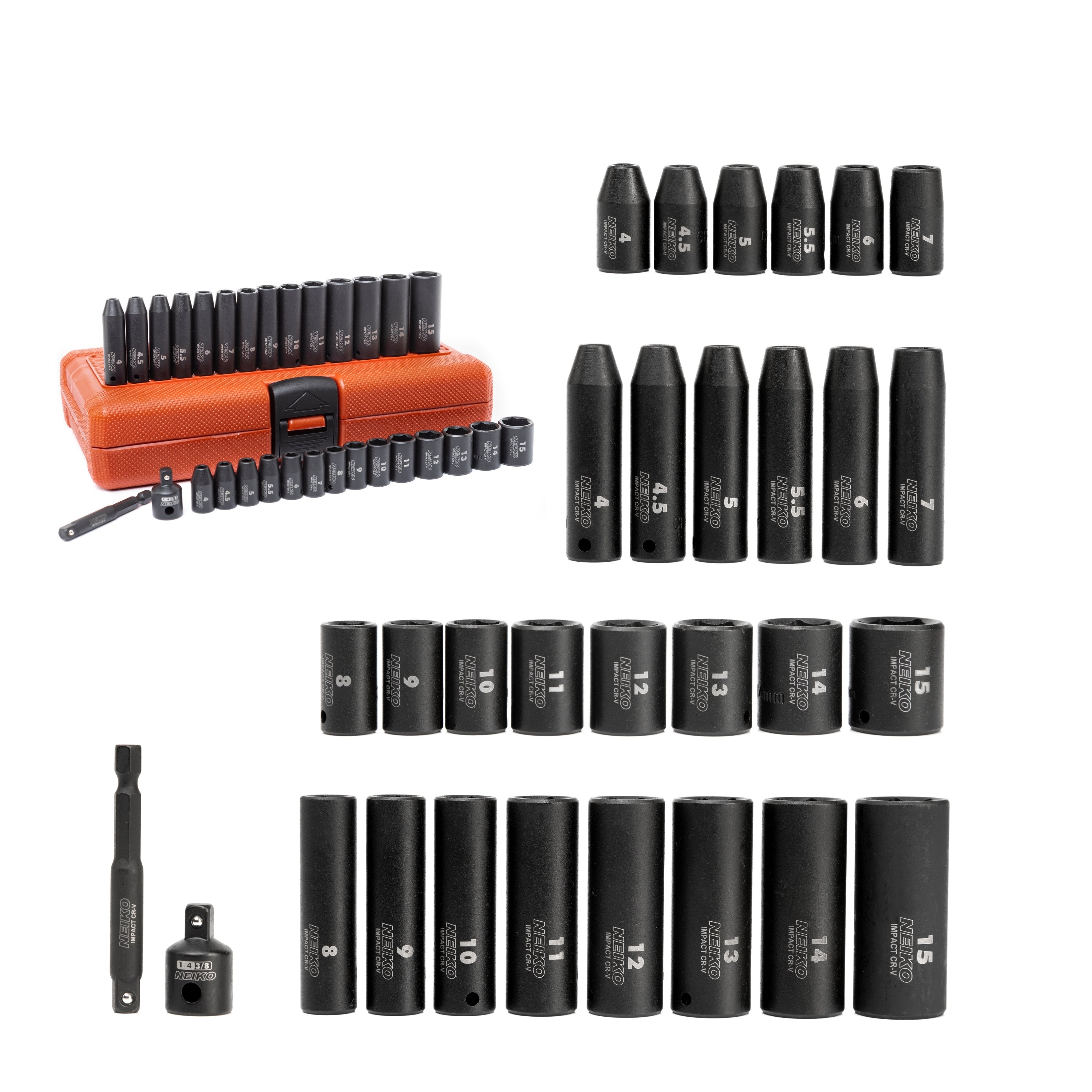 1/4" Drive Impact Socket Set, 30 Piece, Metric Sizes 4 – 15 MM, Deep & Shallow Sockets