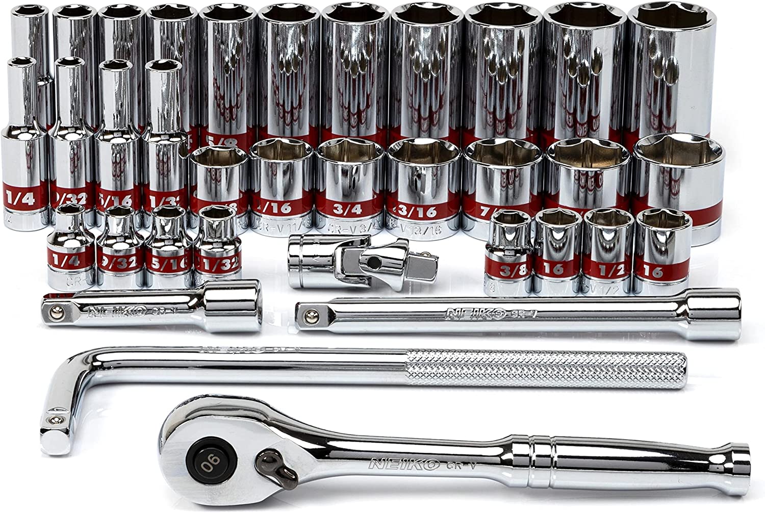 3/8” Drive Socket Set with Quick Release Ratchet (90 Tooth) Standard & Deep SAE Sizes (35-Piece)