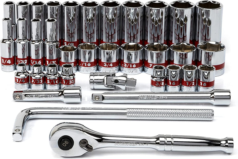 NEIKO 02511A 3/8” Drive Socket Set with Quick Release Ratchet (90 Tooth), 35 Piece Standard and Deep SAE Sizes, 1/4” to 1”, 6 Point, Universal Joint, 3/8” Extension Bars, Made with CR-V Steel