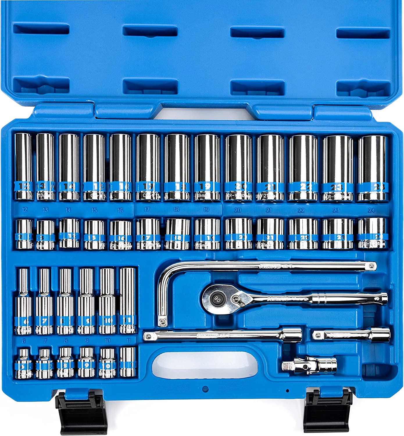 3/8” Drive Socket Set with Quick Release Ratchet (90 Tooth) Standard & Deep Metric Sizes (43-Piece)