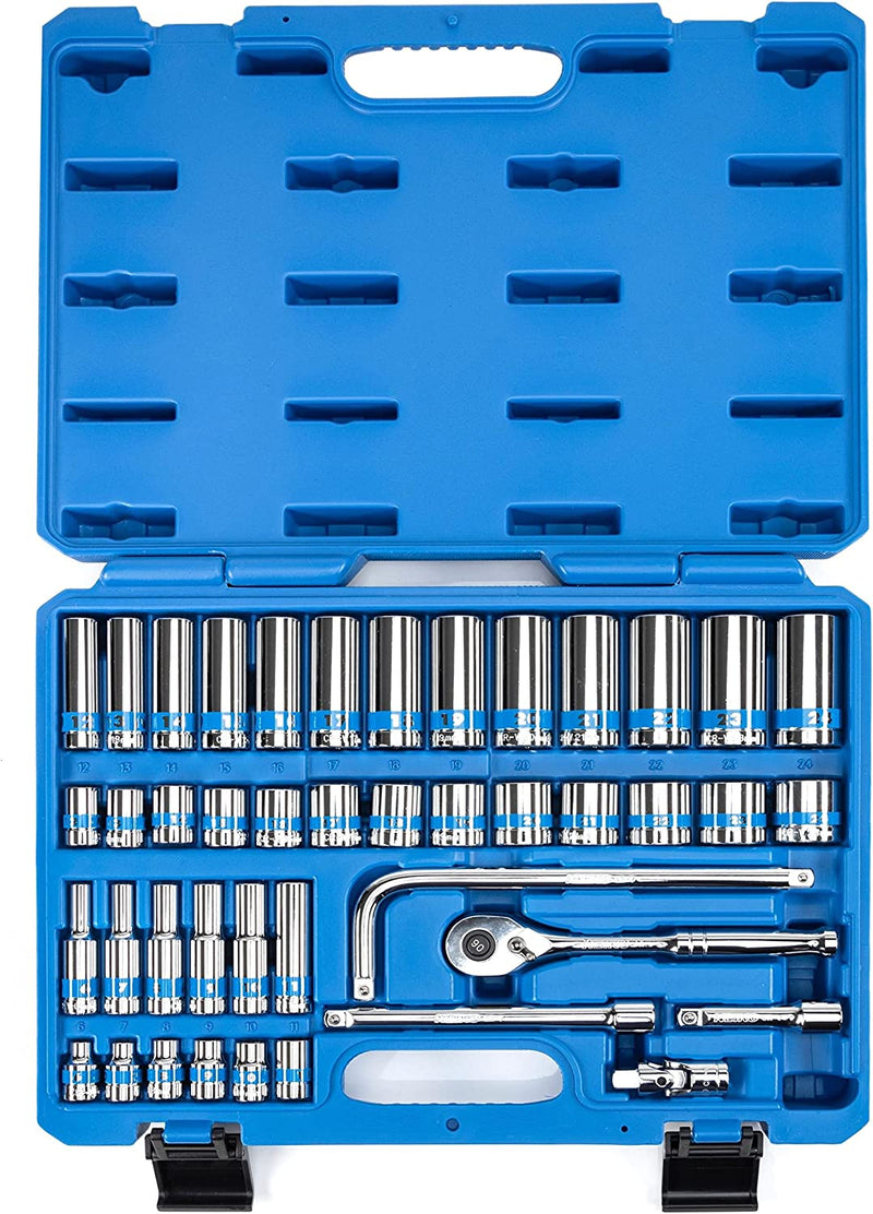 NEIKO 02512A 3/8” Drive Socket Set with Quick Release Ratchet (90 Tooth), 43 Piece Standard and Deep Metric Sizes, 6mm to 24mm, 6 Point, Universal Joint, 3/8” Extension Bars, Made with CR-V Steel