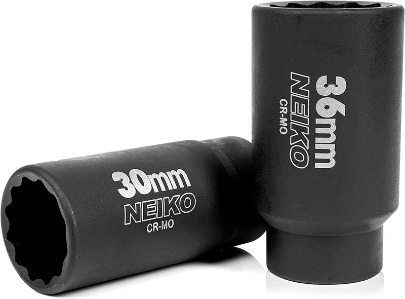 NEIKO 02530A 1/2” Drive Deep Impact Socket | Spindle & Axle Nut Socket Set | 5 Piece | 12 Point |Metric 30mm – 36mm | Cr-Mo | Impact Adapter | 3/4" to 1/2” Reducer