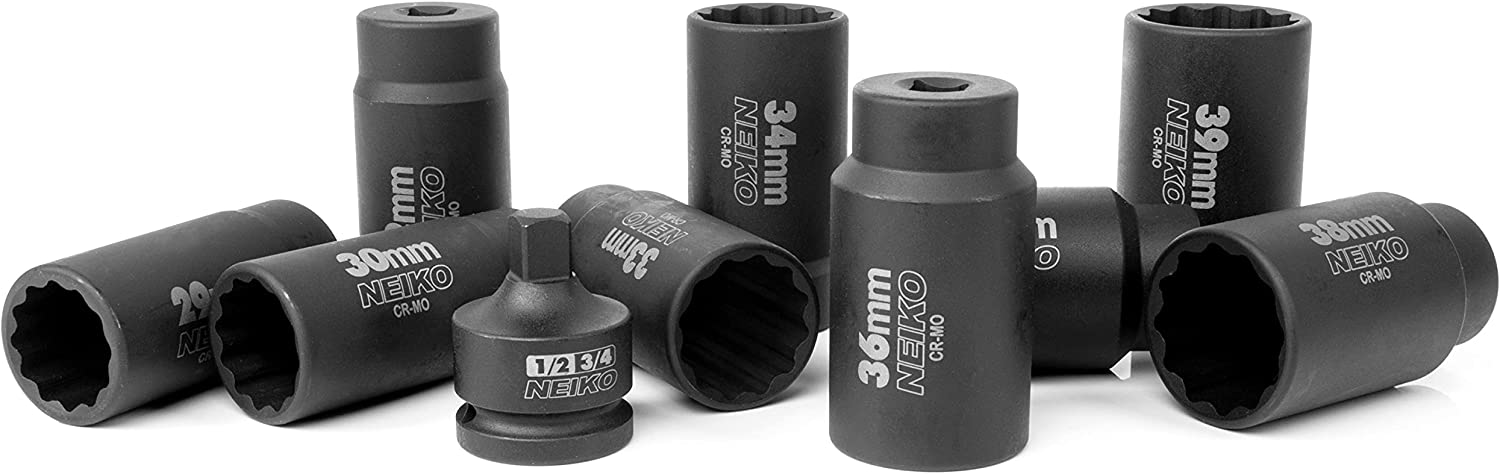 12 Point Socket Set 1/2” Drive, Lug Nut Remover, Spindle Nut Socket, Axle Nut Socket Set (10-Piece)