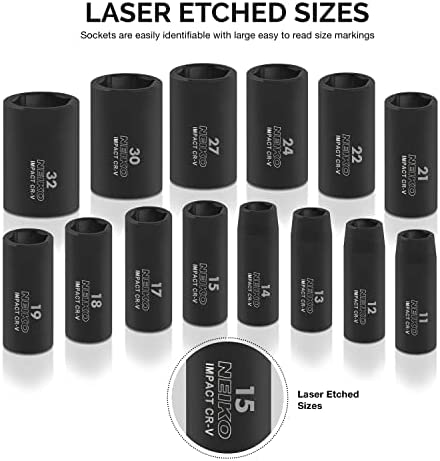 1/2" Drive Deep Impact Socket Set 6 Point Metric Sizes (11-32 mm), Cr-V Steel (14-Piece)