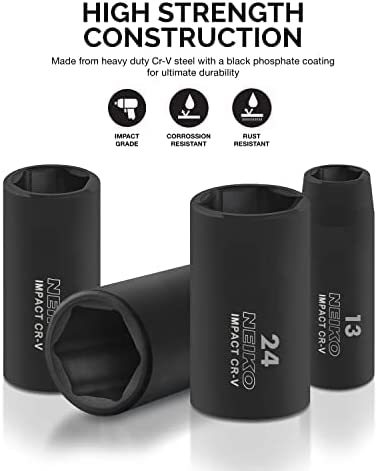 Neiko 02440A 3/8 Inch Drive Impact Socket Set 44-Piece Deep And Flat Assortment | Standard SAE And Metric Sizes (5/16 Inch To 3/4 Inch And 8-19 Mm) | Cr-V Steel