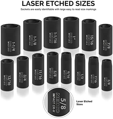 1/2" Impact Socket Set 6 Point Impact Set, Standard Impact Socket Set, SAE Sizes (14-Piece)