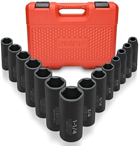 NEIKO 02476A 1/2" Drive Deep Impact Socket Set, 14 Piece | 6 Point Standard SAE Sizes (3/8-Inch to 1-1/14") | Cr-V Steel