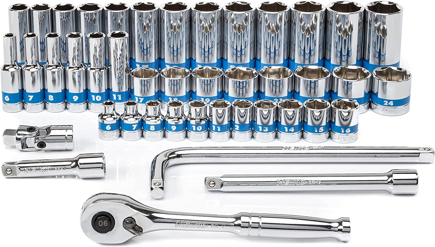 3/8” Drive Socket Set with Quick Release Ratchet (90 Tooth) Standard & Deep Metric Sizes (43-Piece)