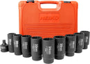 NEIKO 02531A 1/2” Drive Deep Impact Socket | Spindle & Axle Nut Socket Set | 10 Piece | 12 Point |Metric 29mm – 39mm | Cr-Mo | Impact Adapter | 3/4" to 1/2” Reducer