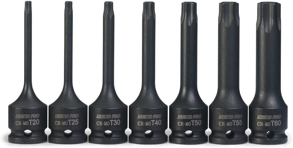 3/8” Drive Torx Star Driver Bit Socket Set T20 to T60, 3” Length, Cr-Mo Impact Grade (7-Piece)