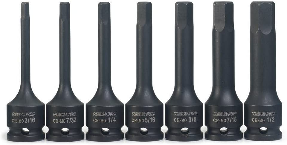 NEIKO 01130B 3/8" Drive Allen Socket Set, 7 Piece, 3 Inch, 3/8” Impact Hex Bit Socket Set, Metric Hex Driver 4 mm to 12 mm, Chrome-Moly Cr-Mo Impact Grade