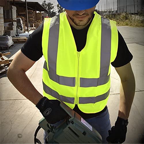 NEIKO 53941A High Visibility Safety Vest with Reflective Strips | Size Large | Neon Yellow Color | Zipper Front | For Emergency, Construction and Safety Use