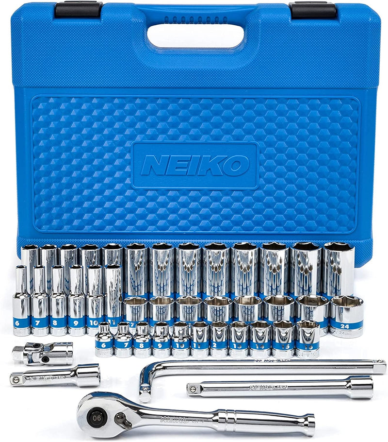 NEIKO 02512A 3/8” Drive Socket Set with Quick Release Ratchet (90 Tooth), 43 Piece Standard and Deep Metric Sizes, 6mm to 24mm, 6 Point, Universal Joint, 3/8” Extension Bars, Made with CR-V Steel
