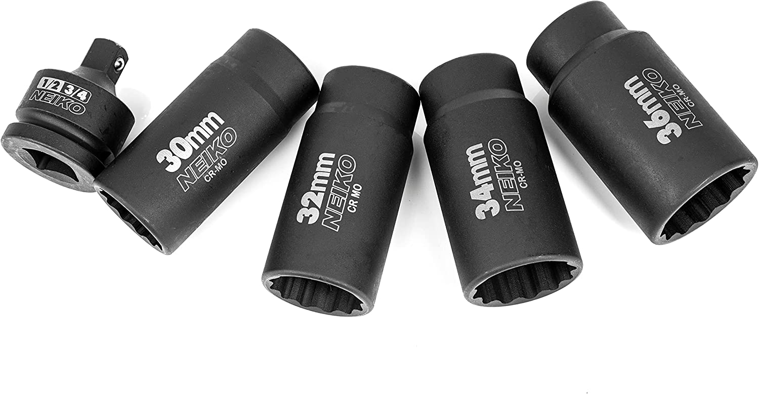 12 Point Socket Set 1/2” Drive, Lug Nut Remover, Spindle Nut Socket, Axle Nut Socket Set (5-Piece)