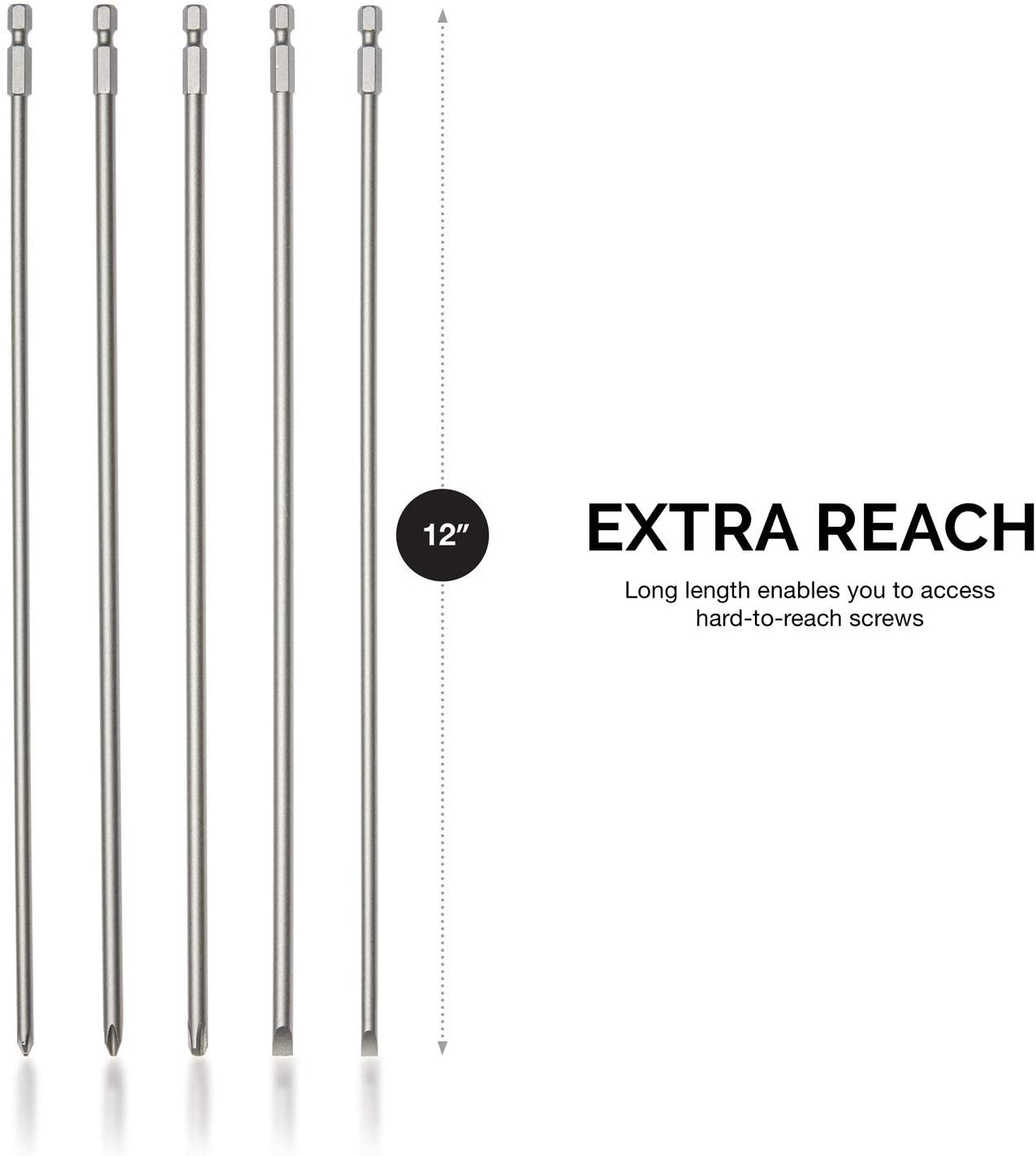 Extra Long Bit Set Cr-V Steel, 12" Length Phillips & Slotted Screwdriver Bits ,1/4" Hex Shank (5-Piece)