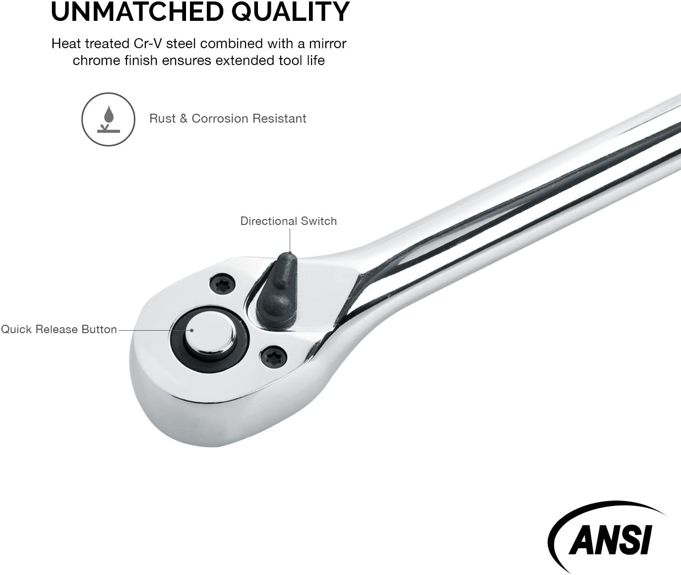 3/8” Drive Extra Long Ratchet, 18” Length, 72 Tooth Gear, Cr-Mo Head, CR-V Steel