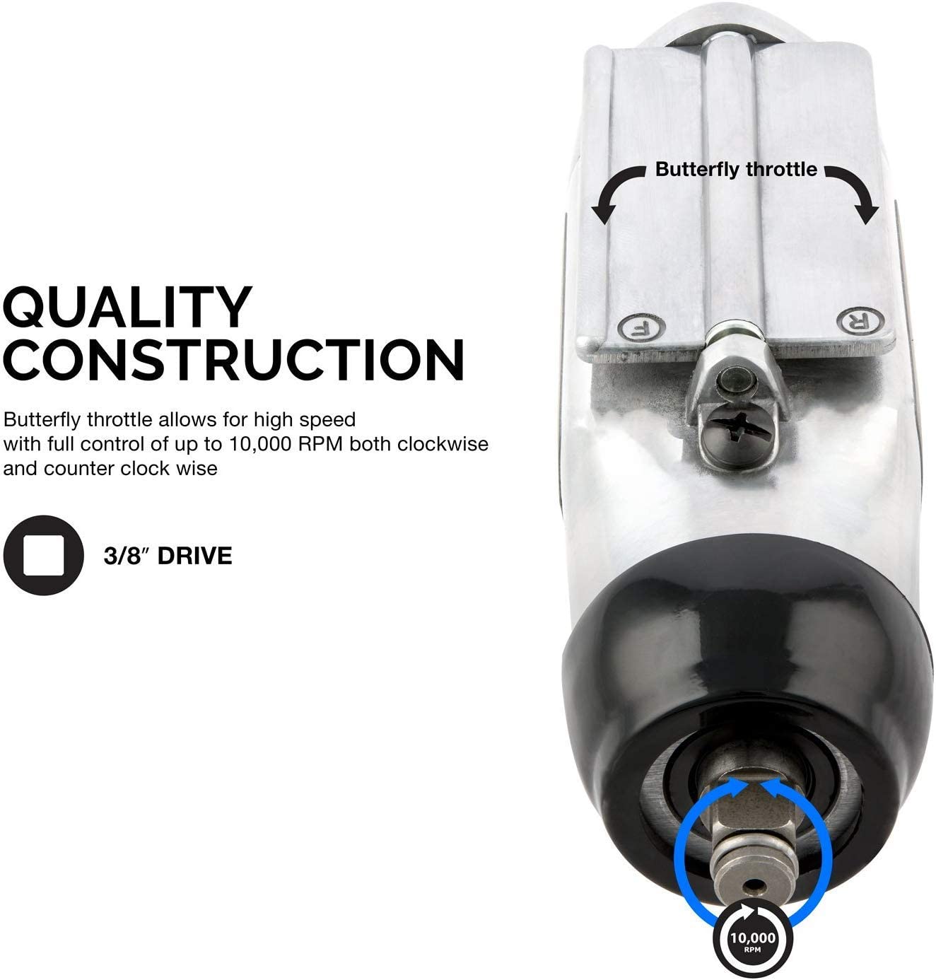 3/8" Drive Butterfly Impact Wrench, 75 Foot/Pound High Power Outlet Air Wrench, 10