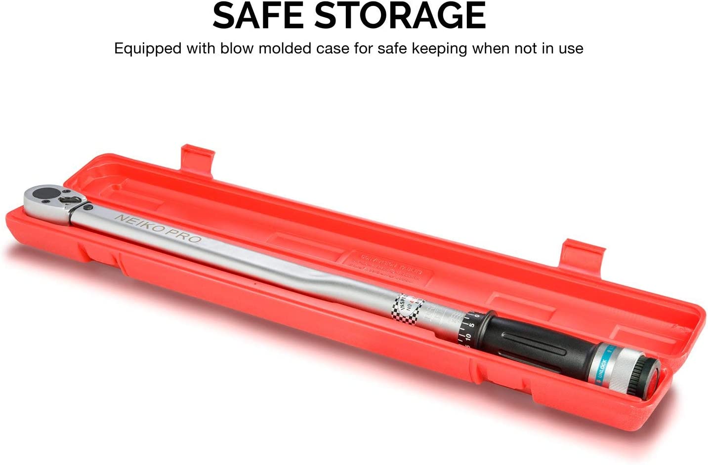 Neiko PRO 03709B 1/2-Inch-Drive Torque Wrench, 25-Inch Adjustable Click Torque Wrench, Made with Chrome Vanadium CrV Steel, SAE