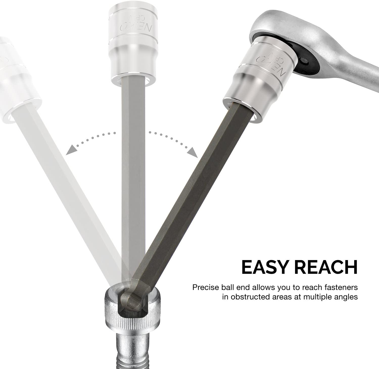 3/8"-Drive Extra-Long Ball-End Hex-Bit Socket Set, SAE Sockets 1/8" to 3/8", S2 Steel (7-Piece)