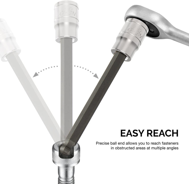 NEIKO 10244A 3/8-Inch-Drive Extra-Long Ball-End Hex-Bit Socket Set, SAE Sockets 1/8" to 3/8", S2 Steel, 7-Piece Set