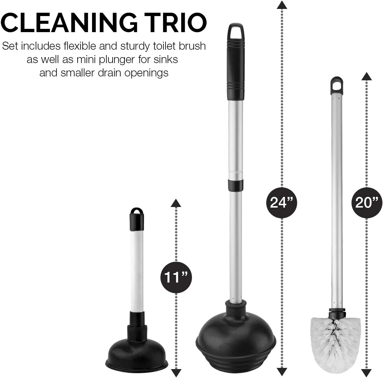 Toilet Plunger & Brush Set — Patented Plunger, Bowl Brush, Caddy, Mini Sink Plunger (4-Piece)