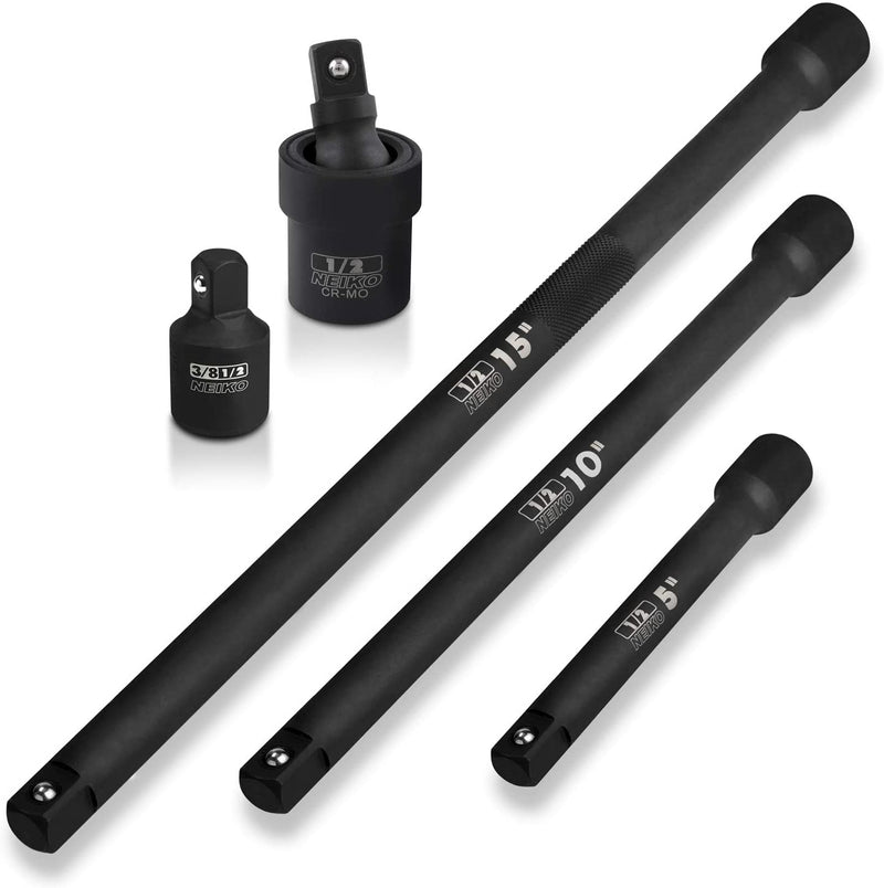 NEIKO 00256A 1/2-Inch Drive Impact Extension Bar and Adapter Set, 5-Piece | Includes 5, 10, 15-Inch Extension Bars, Universal Joint, and Reducer