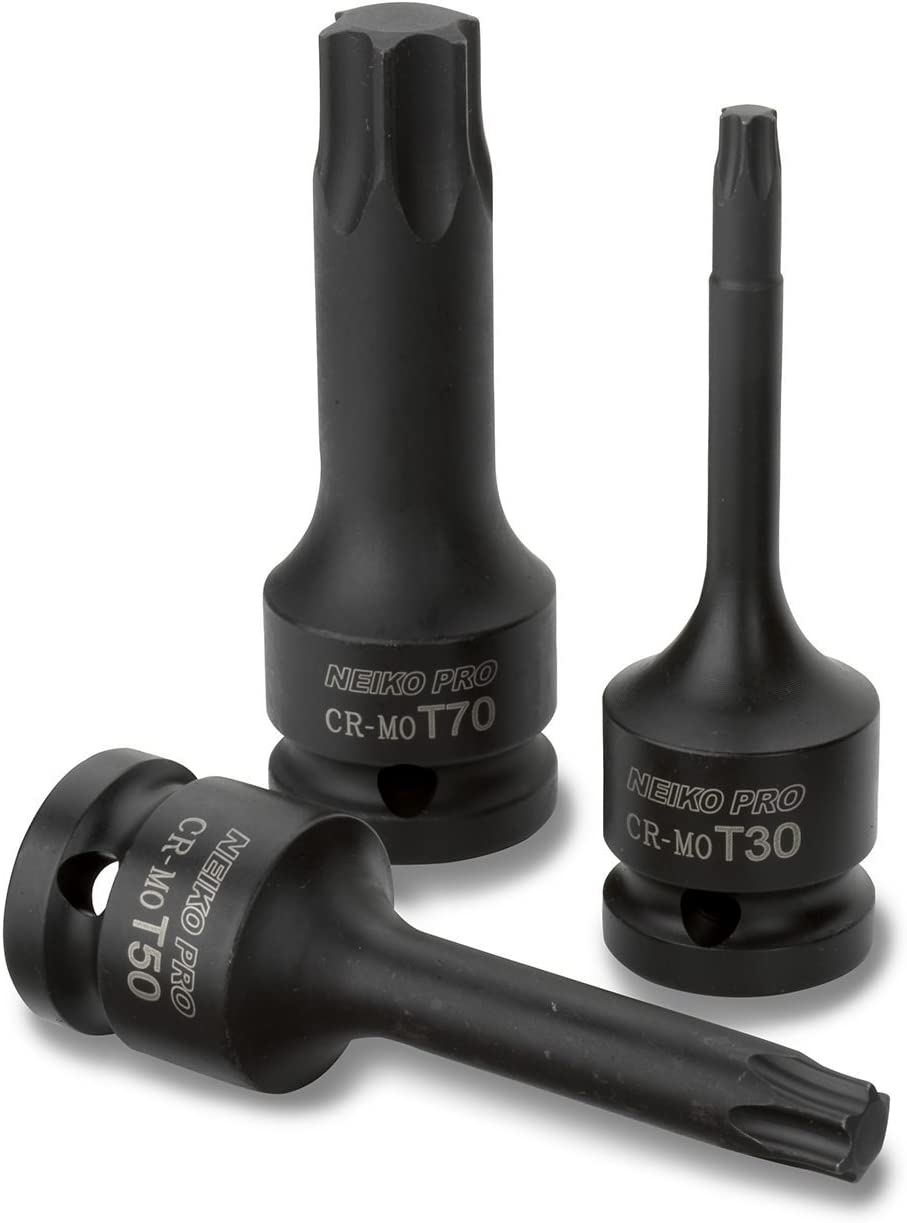 1/2” Drive Torx Star Driver Bit Socket Set T30 to T70, 3” Length, Cr-Mo Impact Grade (8-Piece)