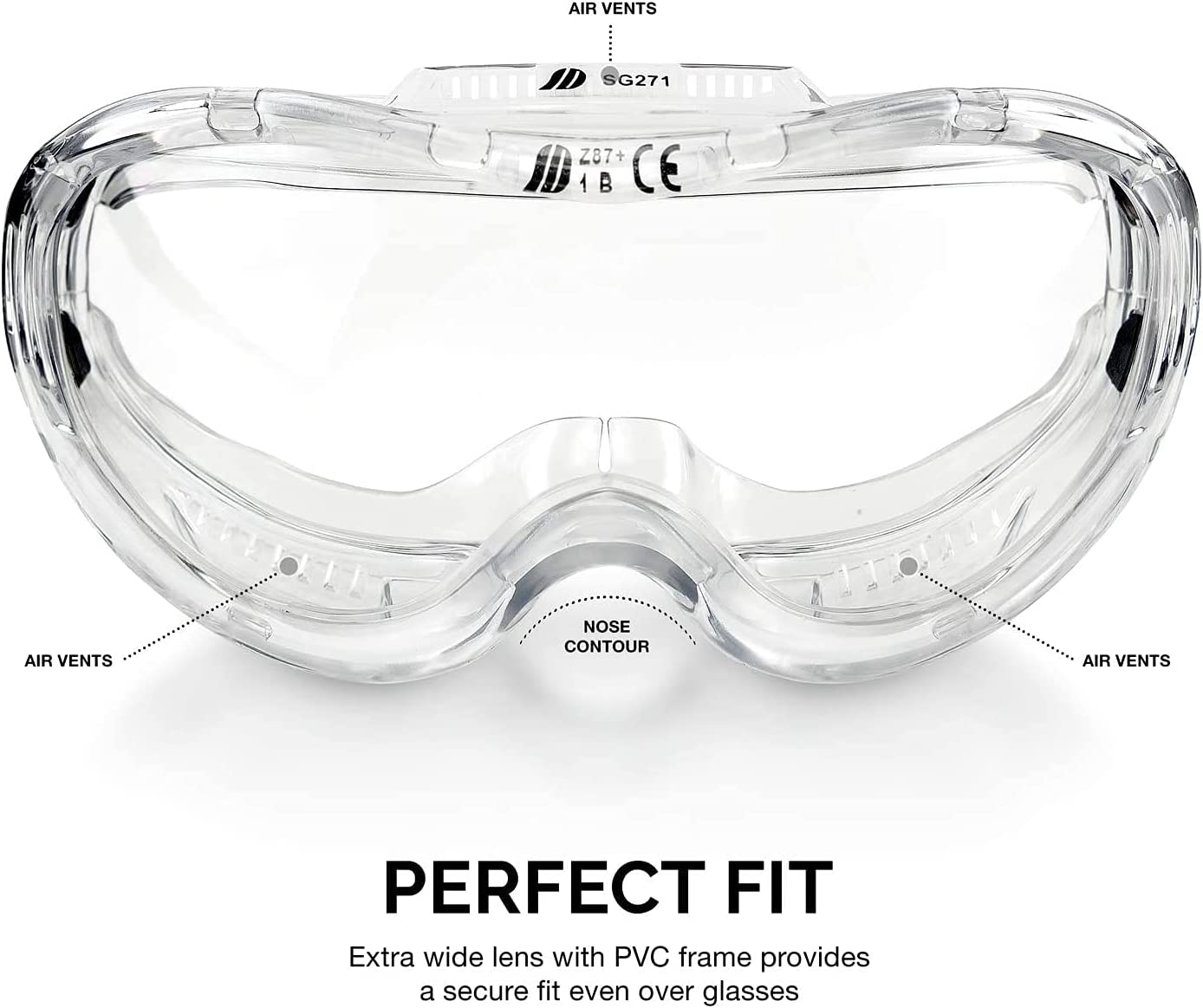 Clear Protective Safety Goggles — ANSI Z87.1, Wide-Vision, Extra-Wide Headband (12-Pack)