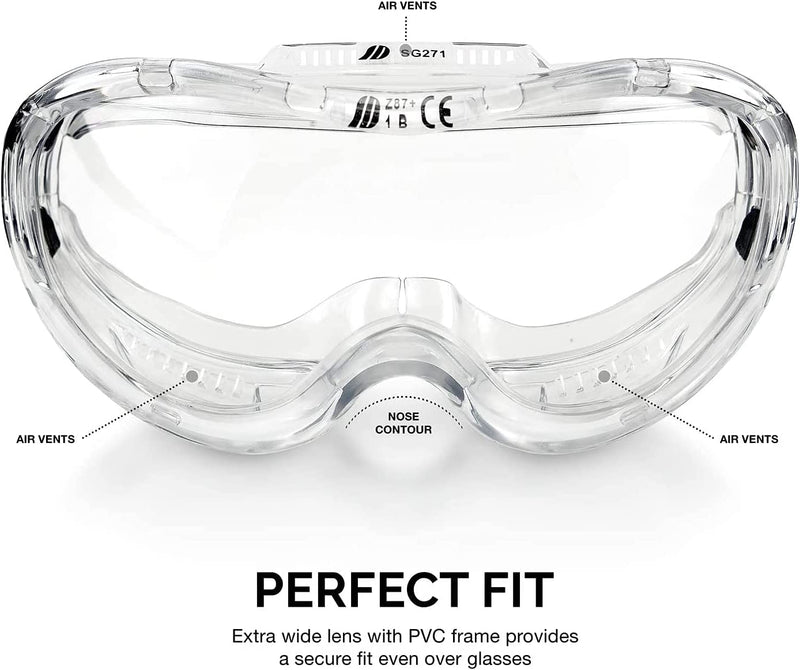 Neiko Pro 53875B Clear Protective Lab Safety Goggles, Chemistry Lab Goggles, Scientific, Construction Goggles, Contractor, Woodworking, Anti-Fog and Splash, Includes Indirect Vent for Men and Women