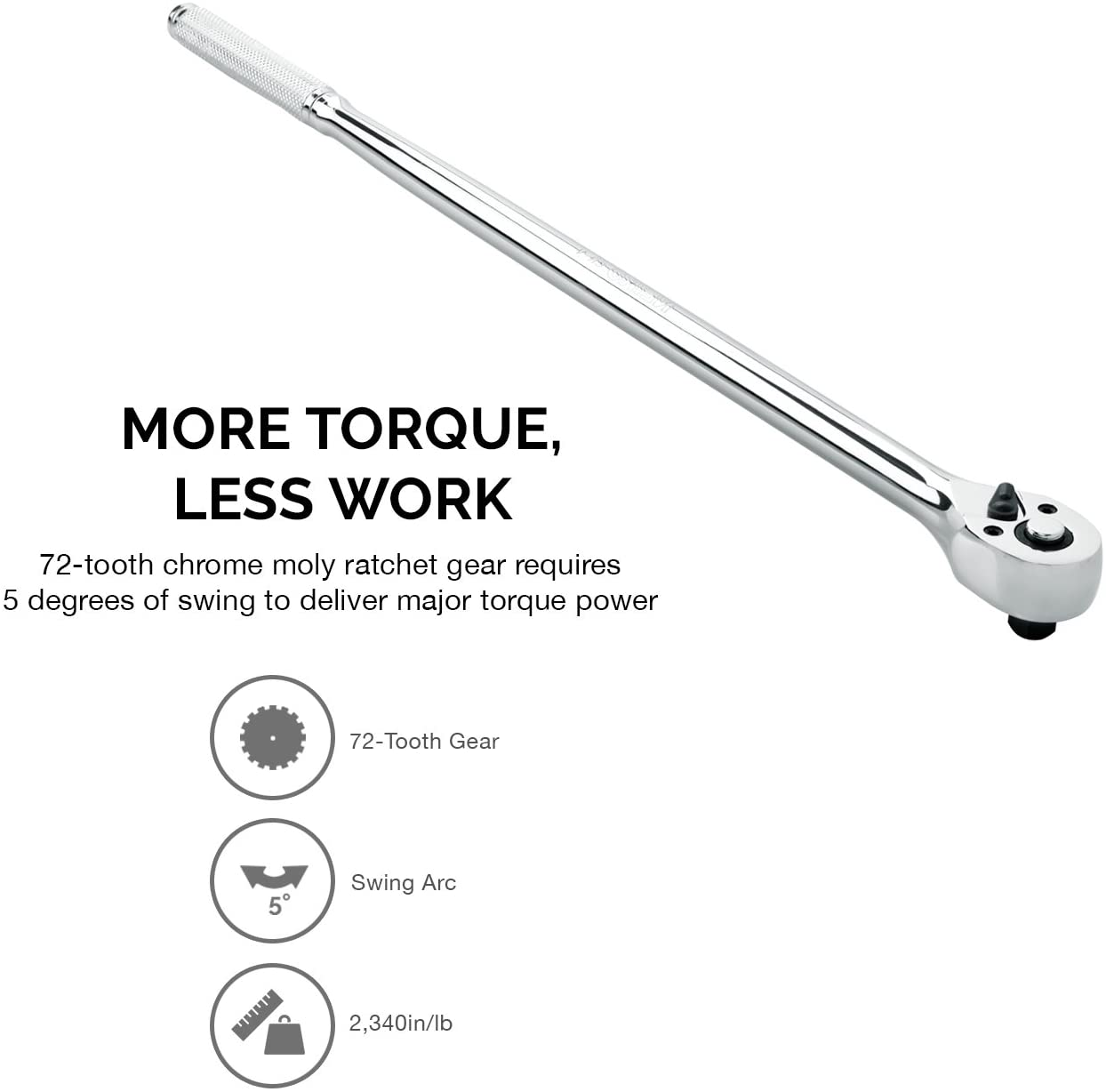 3/8" Drive Extra-Long Ratchet — 18" Length, 72-Tooth, Cr-Mo Head, 2,340 Lb Capacity