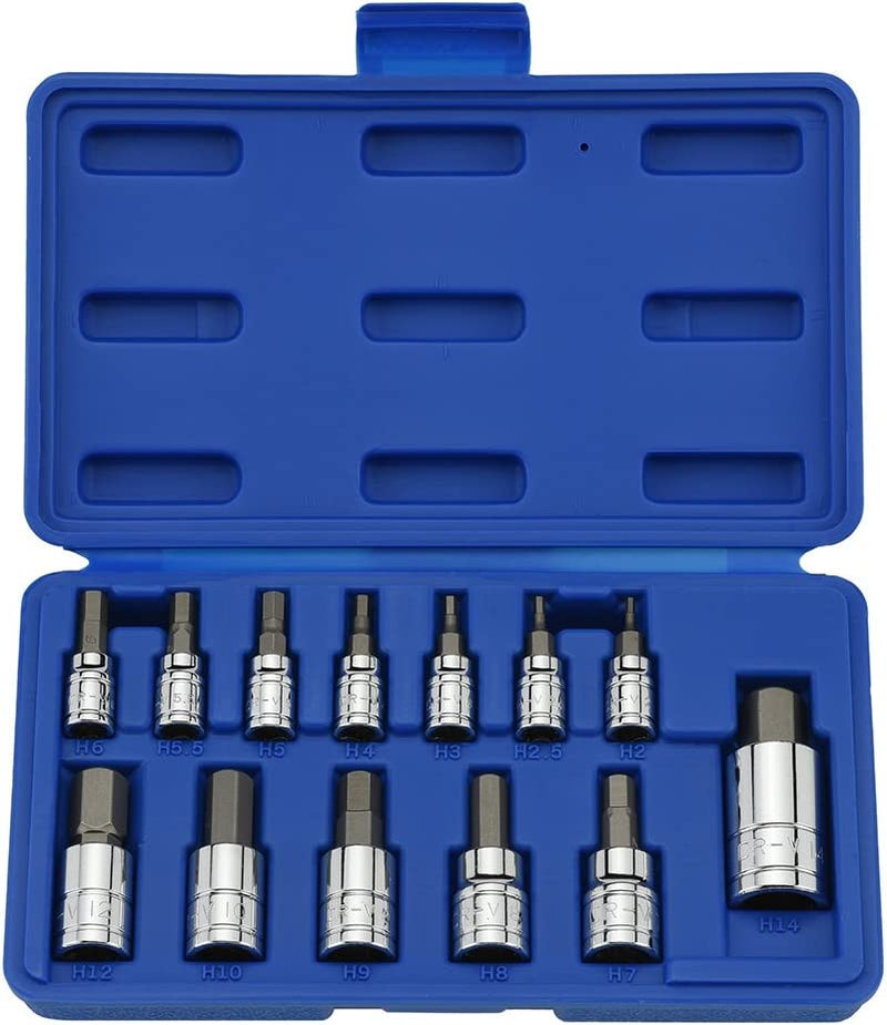 NEIKO 10074A Metric Hex Bit Socket Set | 13-Piece Set | S2 and Cr-V Steel | 1/4-Inch, 3/8-Inch and 1/2-Inch Drive | 2mm to 14mm