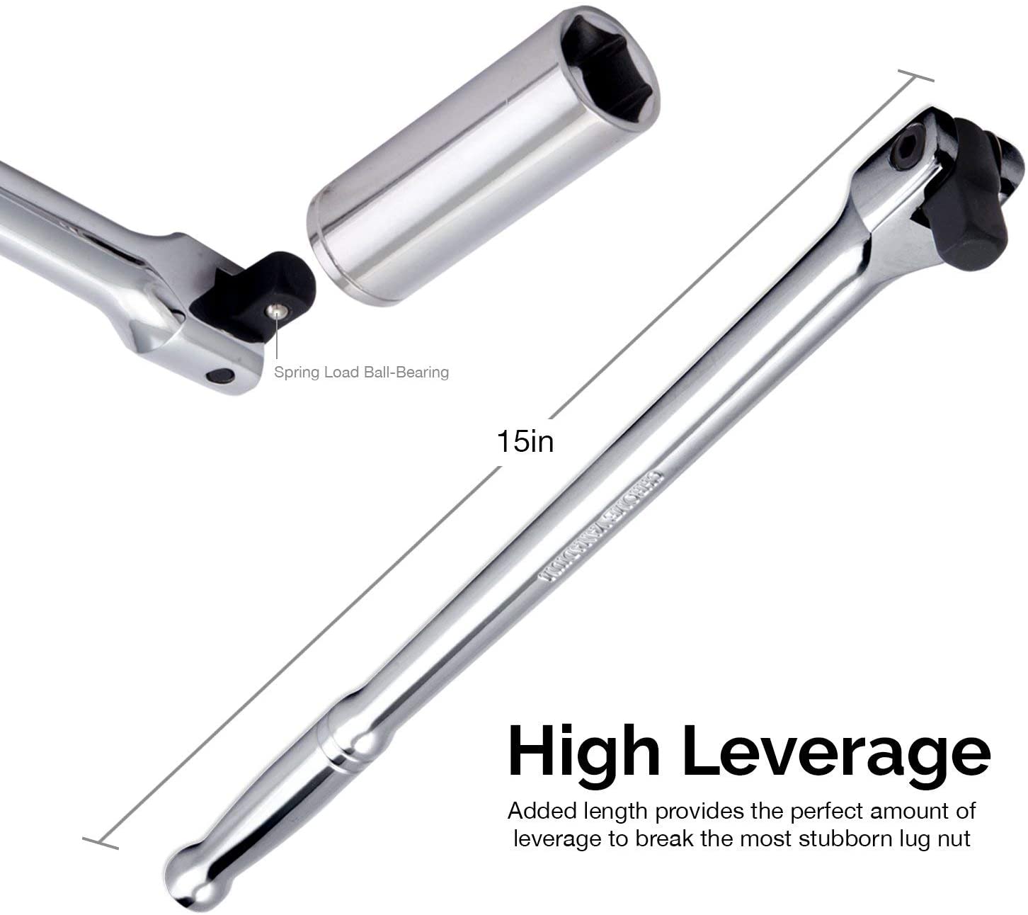 1/2" Drive Extension Breaker Bar, 15" Length, Rotating Flex Head, CR-V Steel