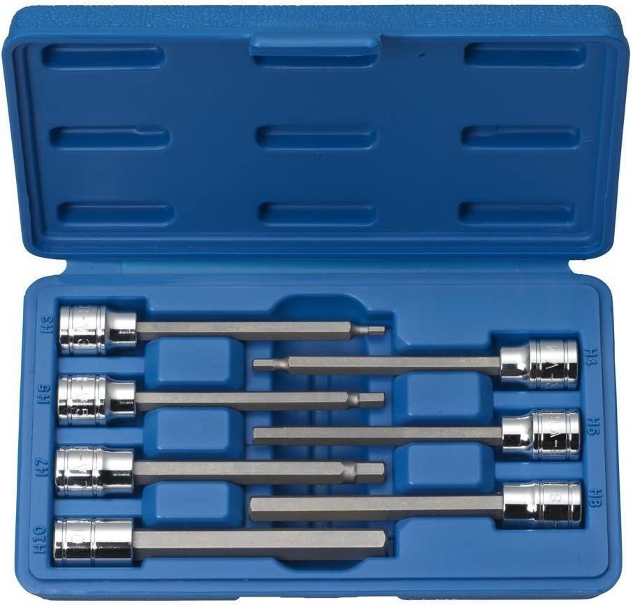 3/8" Drive Extra Long Allen Hex Bit Socket Set, Metric, 3 mm - 10 mm, S2 & Cr-V Steel (7-Piece)