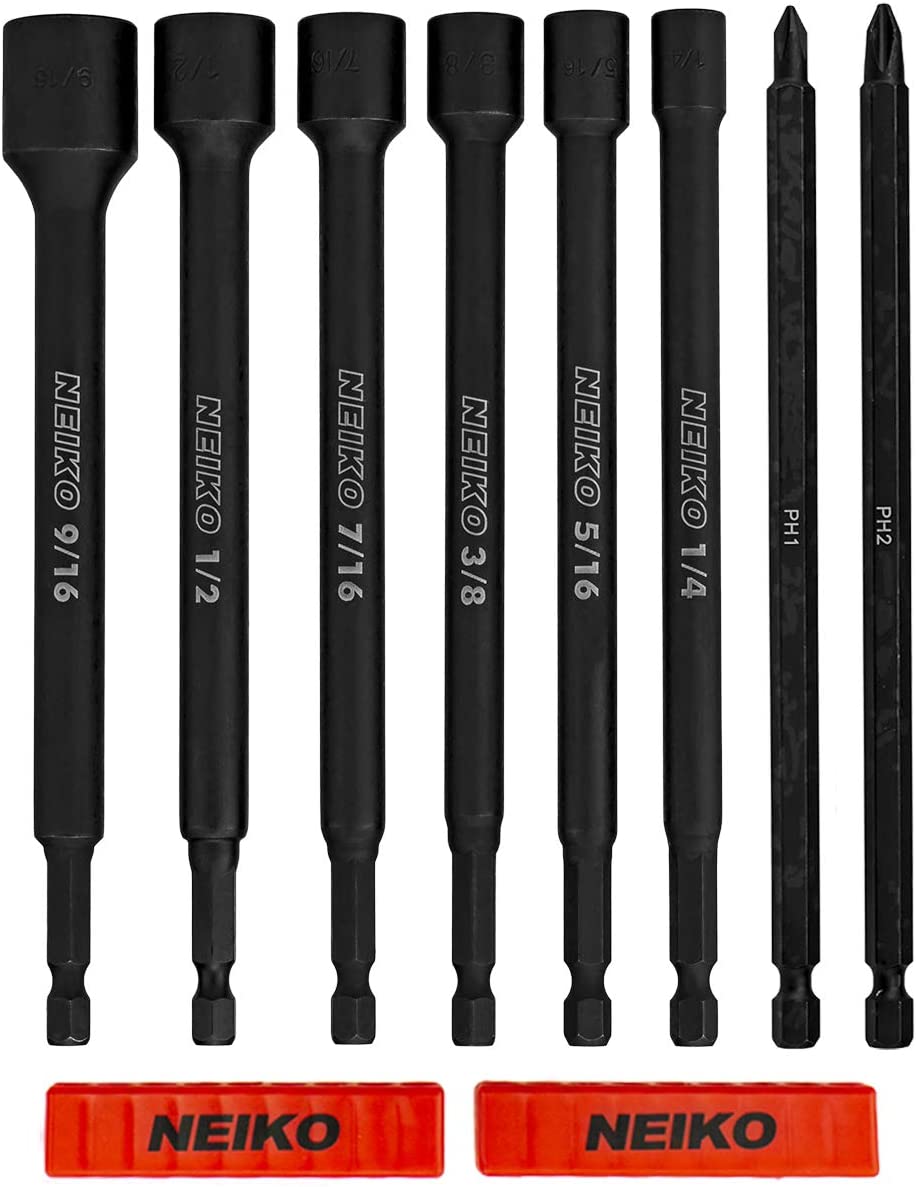 NEIKO 10067A Magnetic Impact Nut Driver and Power Bit Tool Set | 8 Pieces, SAE | 6 Inches | Shank Nut Driver Bits Setters | Magnetic Tip Sockets | 1/4 Inch Hex Shank