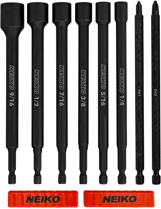 NEIKO 10067A Magnetic Impact Nut Driver and Power Bit Tool Set | 8 Pieces, SAE | 6 Inches | Shank Nut Driver Bits Setters | Magnetic Tip Sockets | 1/4 Inch Hex Shank