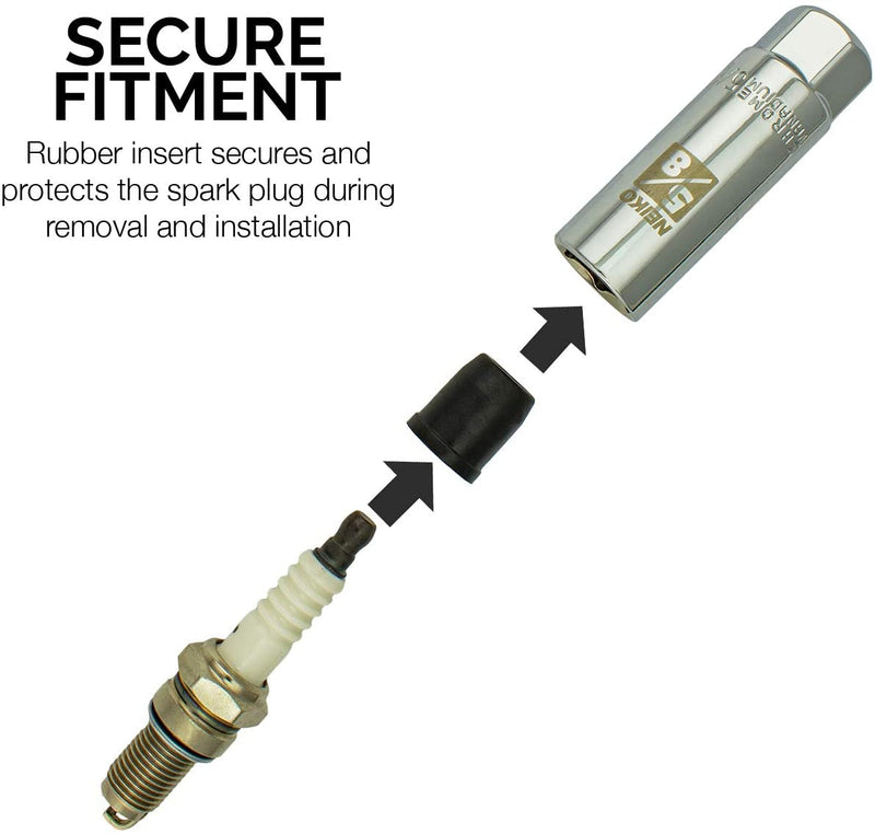 NEIKO 02500A Spark Plug Socket Set | Rubber Retaining Inserts | 5 pieces | 3/8 Drive | SAE And Metric | Chrome Vanadium