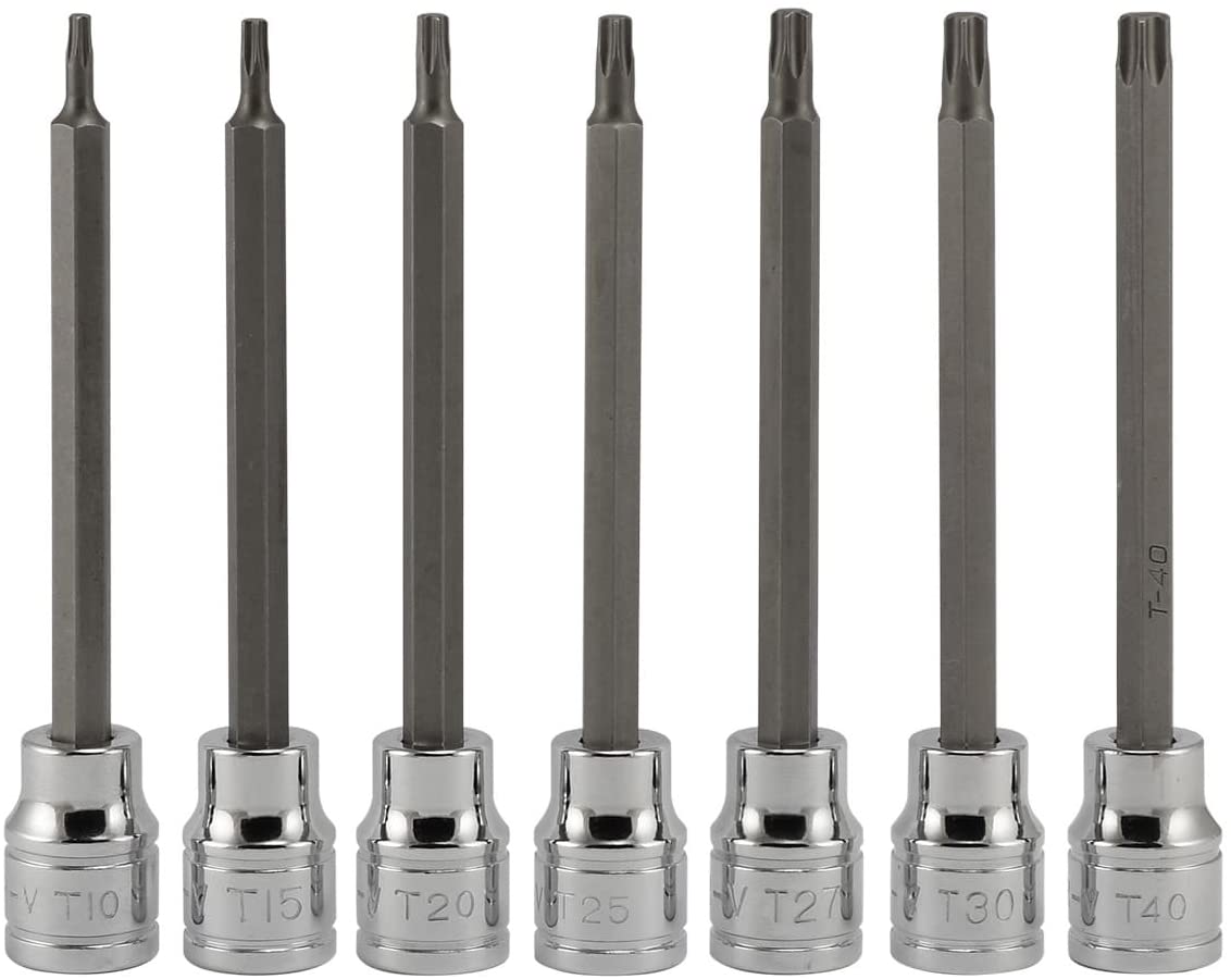 3/8” Drive Extra Long Torx Star Bit Socket Set T10 to T40, 4-3/8” Length (7-Piece)