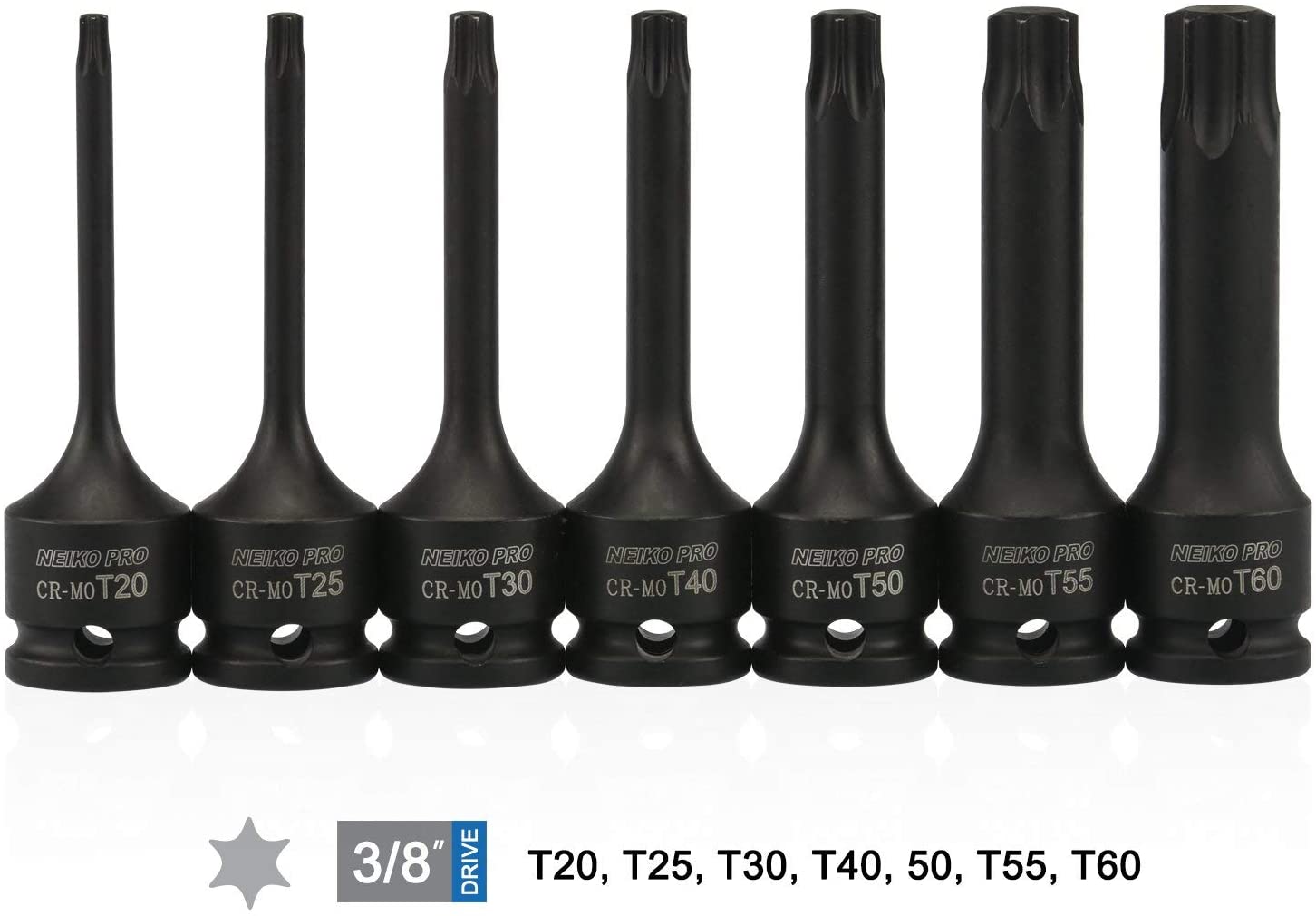 NEIKO 01132B 3/8” Drive Torx Star Driver Bit Socket Set | 7 Piece | T20 to T60 | 3” Length | Cr-Mo Impact Grade