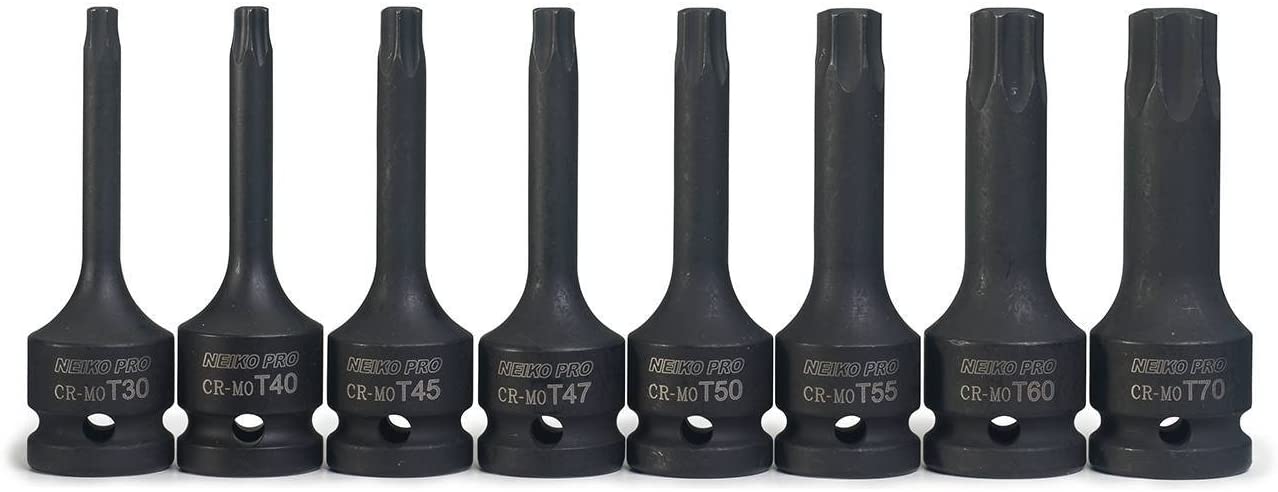 NEIKO 01138B 1/2” Drive Torx Star Driver Bit Socket Set | 8 Piece | T30 to T70 | 3” Length | Cr-Mo Impact Grade