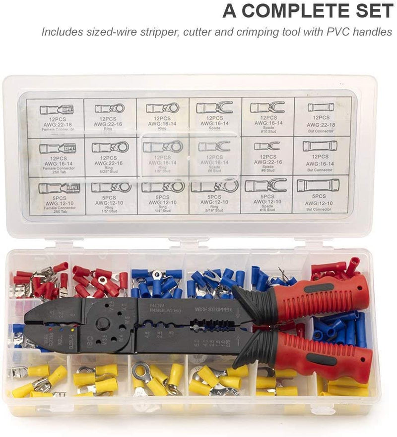 NEIKO 50413A Insulated Wire Terminals and Connectors Assortment | Includes 3-in-1 Wire Stripper, Cutter and Crimper Tool | 175 Piece