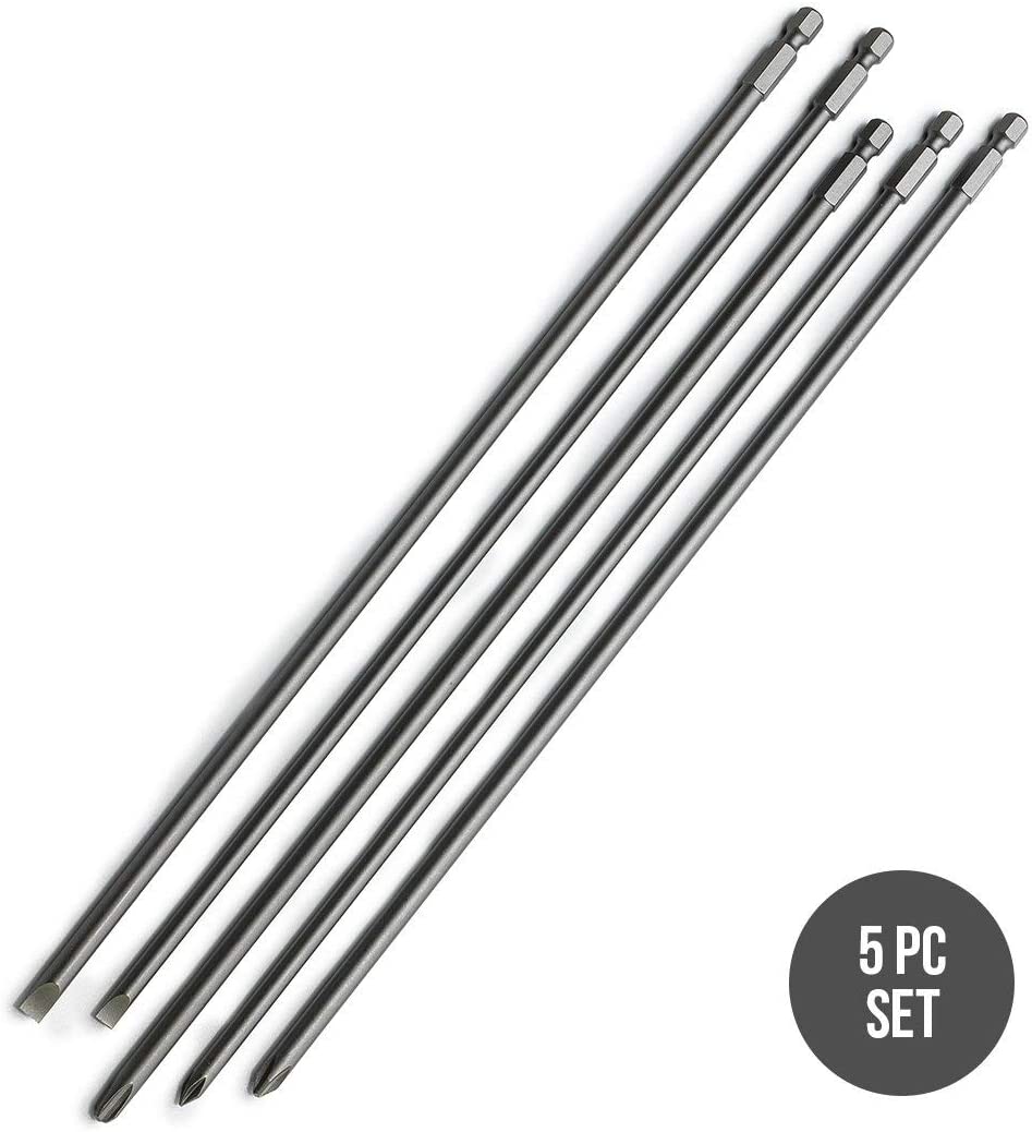 Extra Long Bit Set Cr-V Steel, 12" Length Phillips & Slotted Screwdriver Bits ,1/4" Hex Shank (5-Piece)