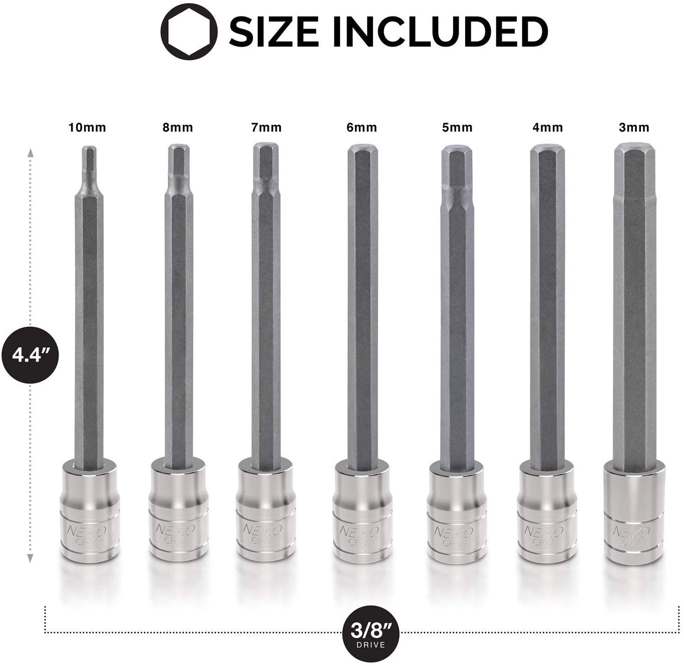 3/8" Drive Extra Long Allen Hex Bit Socket Set, Metric, 3 mm - 10 mm, S2 & Cr-V Steel (7-Piece)