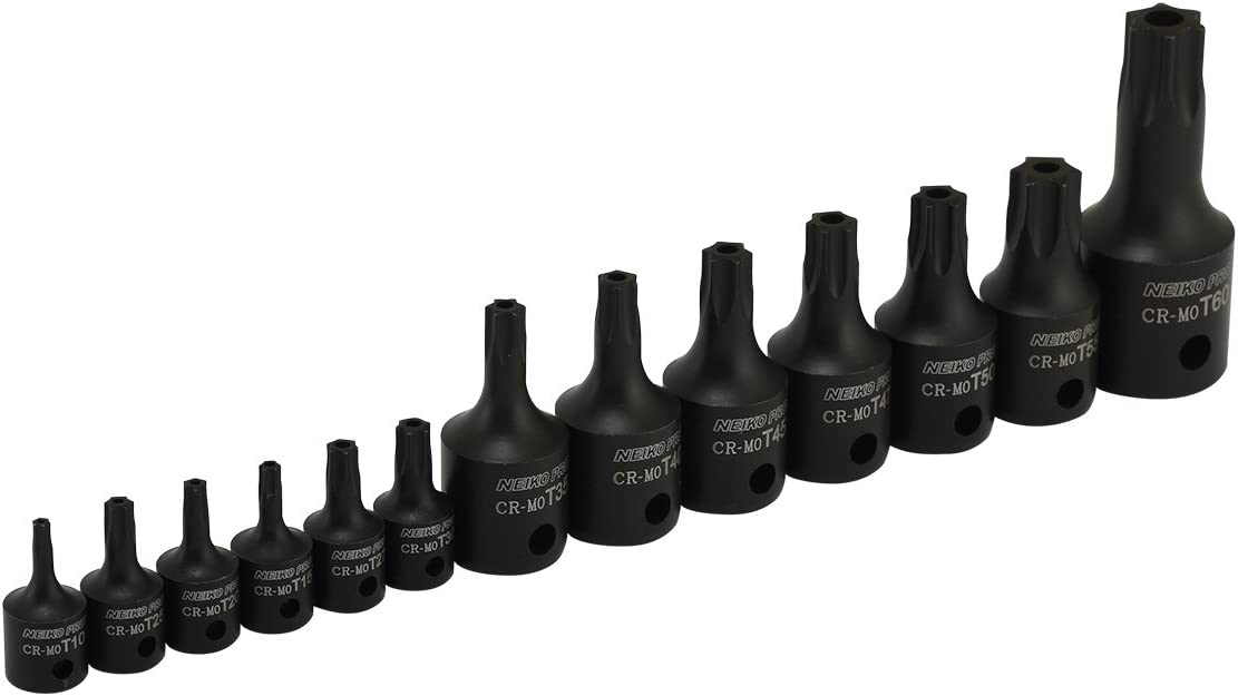 Security Torx Impact Socket Set — Cr-Mo Steel, Tamperproof, 1/4", 3/8" & 1/2" Drive (13-Piece)