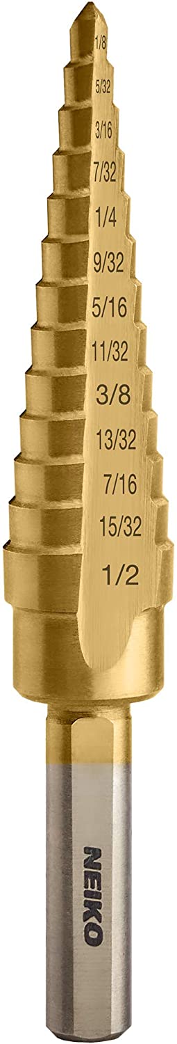 NEIKO 10182A Titanium Step Drill Bit, High-Speed Alloy-Steel Bit, Hole Expander for Wood and Metal, 13 Step Sizes from 1/8 Inch to 1/2 Inch