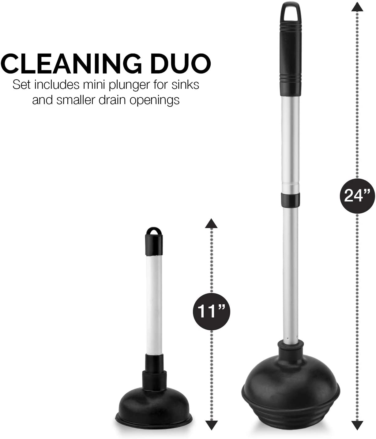 Toilet Plunger & Mini Sink Plunger Set — Patented All-Angle Design, Telescoping Handle (2-Piece)